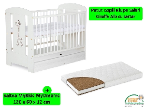 Patut Cu Sertar Safari Giraffe Alb + Saltea 12 MyKids MyDreams - Klups Patut Cu Sertar Safari Giraffe Alb + Saltea 12 MyKids MyDreams - Klups