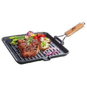 Gratar din fonta, dimensiune 22 x 22 cm, maner lemn, inductie Gratar din fonta, dimensiune 22 x 22 cm, maner lemn, inductie
