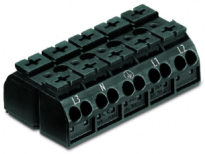 4-conductor chassis-mount terminal strip; 5-pole; L3-N-PE-L1-L2; without ground contact; for 3 mm ø screw and nut; 4 mm²; 4,00 mm²; black