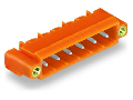 THT male header; 1.2 x 1.2 mm solder pin; angled; Threaded flange; Pin spacing 5.08 mm; 10-pole; orange