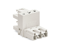 h-distribution connector; 3-pole; Cod. A; 1 input; 2 outputs; outputs on one side; 2 locking levers; white