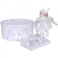 Set trusou botez Unisex, cutie trusou si lumanare personalizata cu nume copil Denikos 916 decor alb cu iepuras - NKO5345