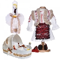 Set costum national fetita cu trusou botez landou si lumanare in decor traditional Denikos 1051 NIK5511